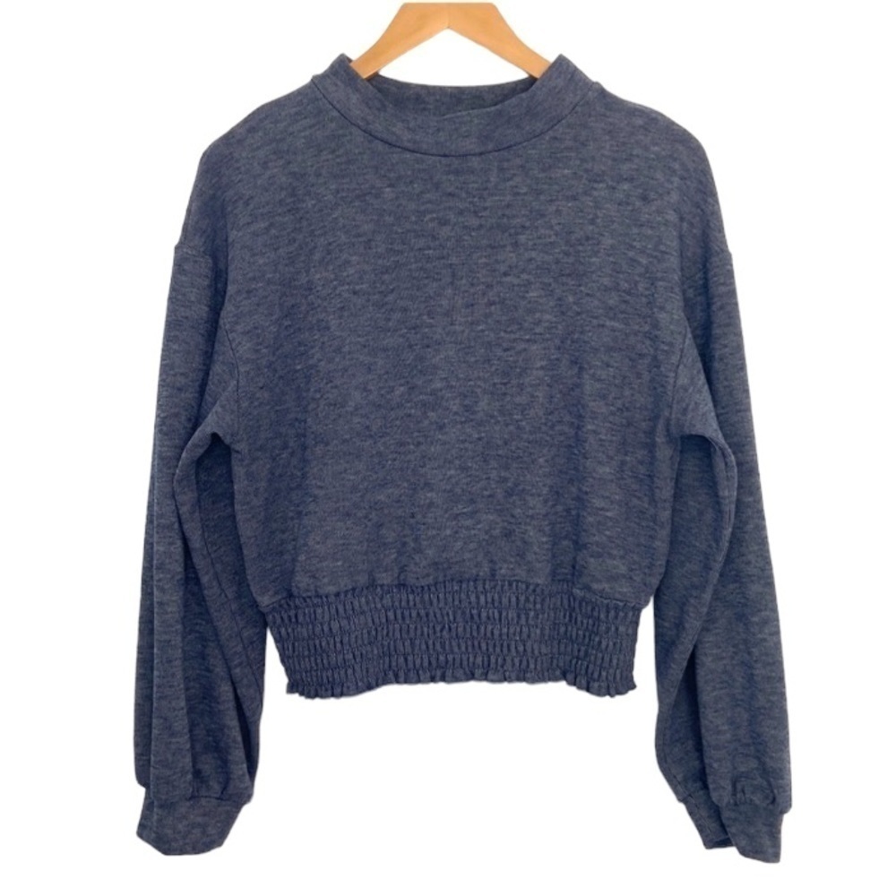 URBAN ROMANTICS Soft Thick Crop Blue Sweatshirt Ruched Bottom Crew Neck Large